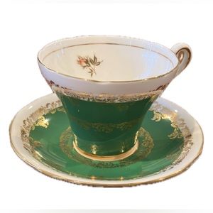 Royal Stafford vintage tea cup & saucer, bone china, green with gold filigree